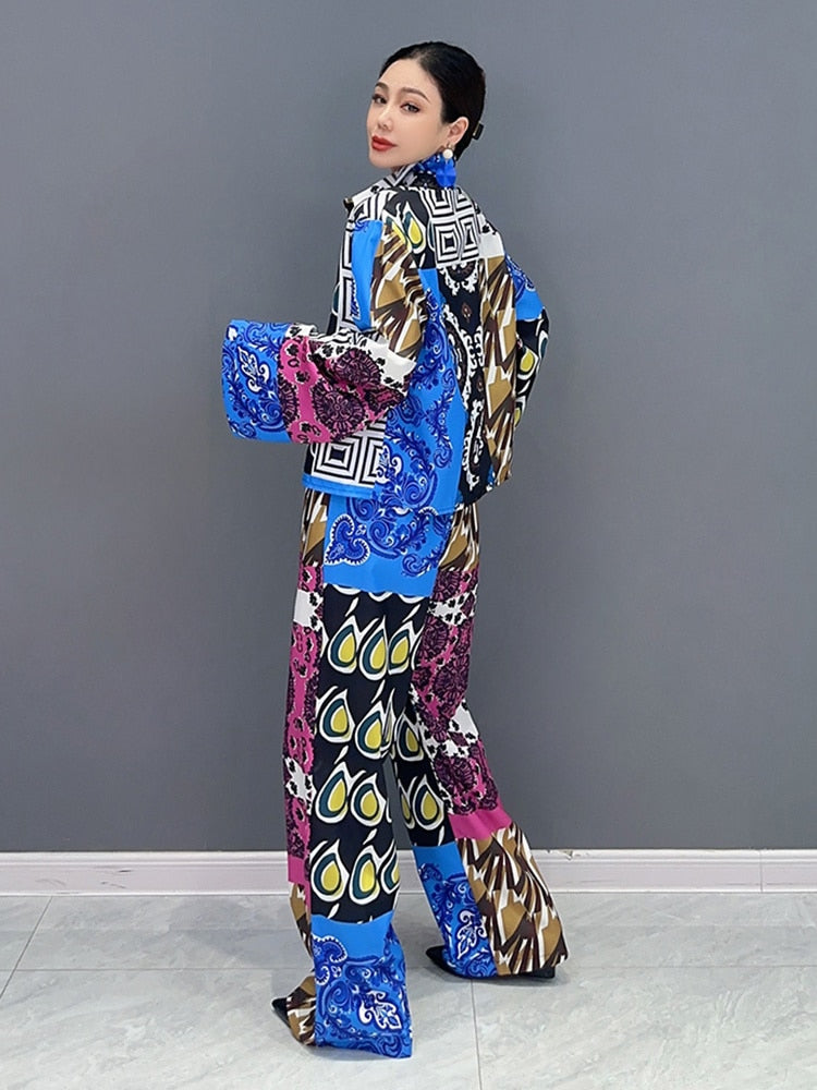 Daily Chic Patchwork Long Sleeve Top & Trousers 2-Piece Set