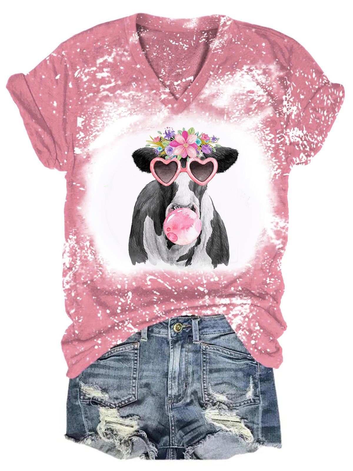 Cow Flower Tie Dye V Neck T-Shirt