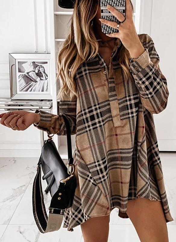 Plaid Long Sleeves Shift Above Knee Casual Shirt Dresses