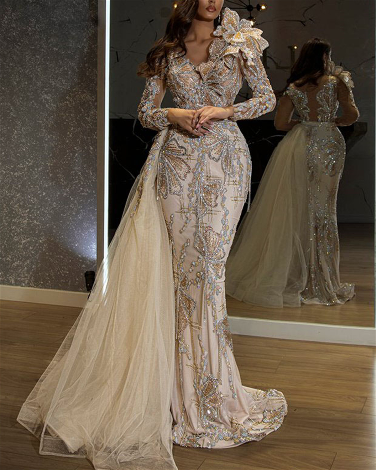 Gorgeous Embellished V-Neck Applique Shiny Wrap Evening Maxi Dress