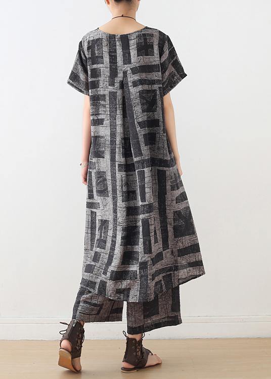 gray prints casual Chiffon two pieces side open tops and elastic waist wide leg pants