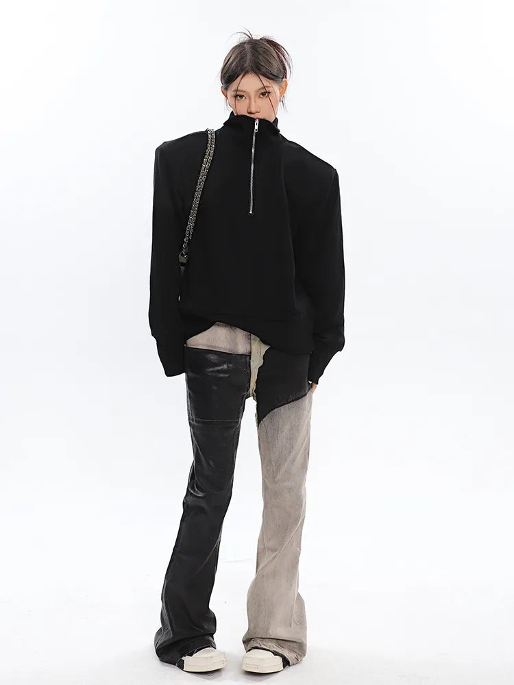 Black and Washed Denim Retro Twist Irregular Jeans