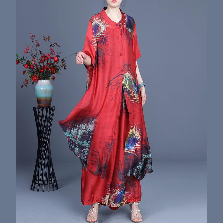 Summer 2021 Loose Silk Red Print Coat + Two Piece Pants