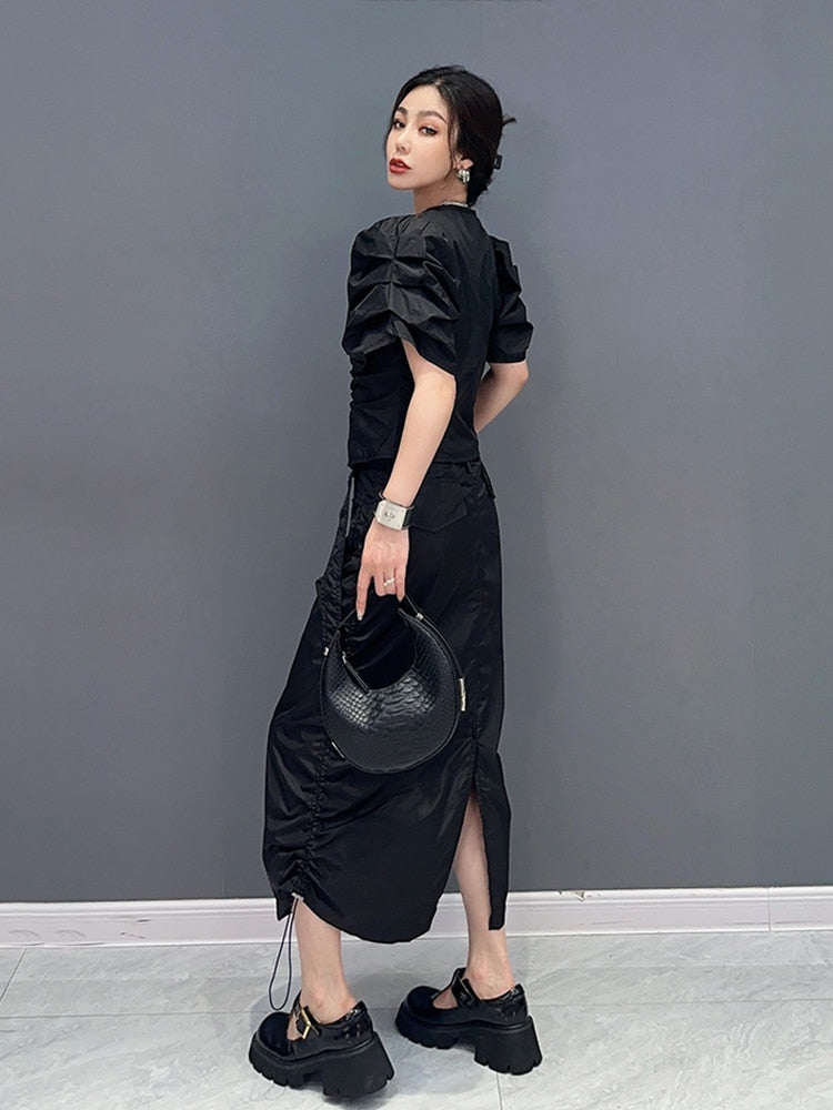 Casual Chic Drawstring V-Neck & Skirt 2-Piece Set