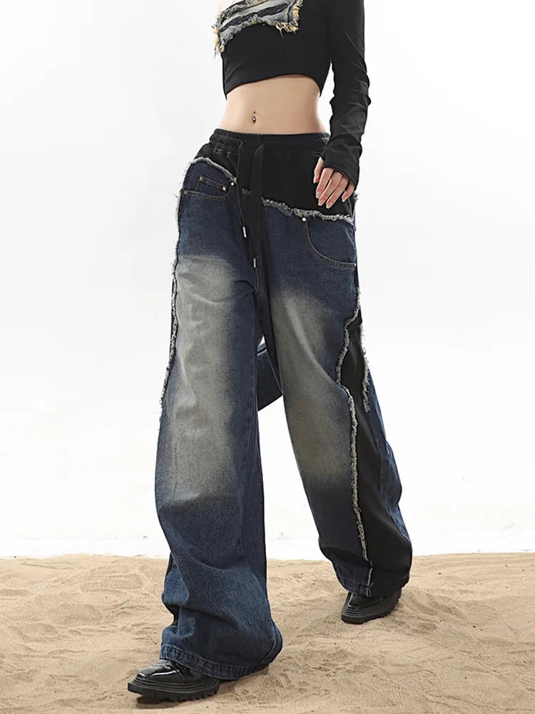Classic Retro Elastic Waist Wide Leg Denim Pants