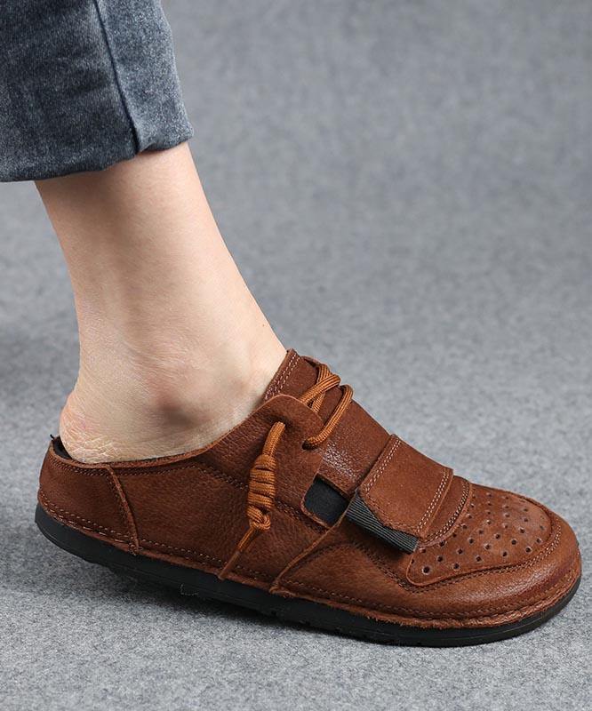 Fine Chocolate Lace Up Hollow Out Cowhide Leather Slippers