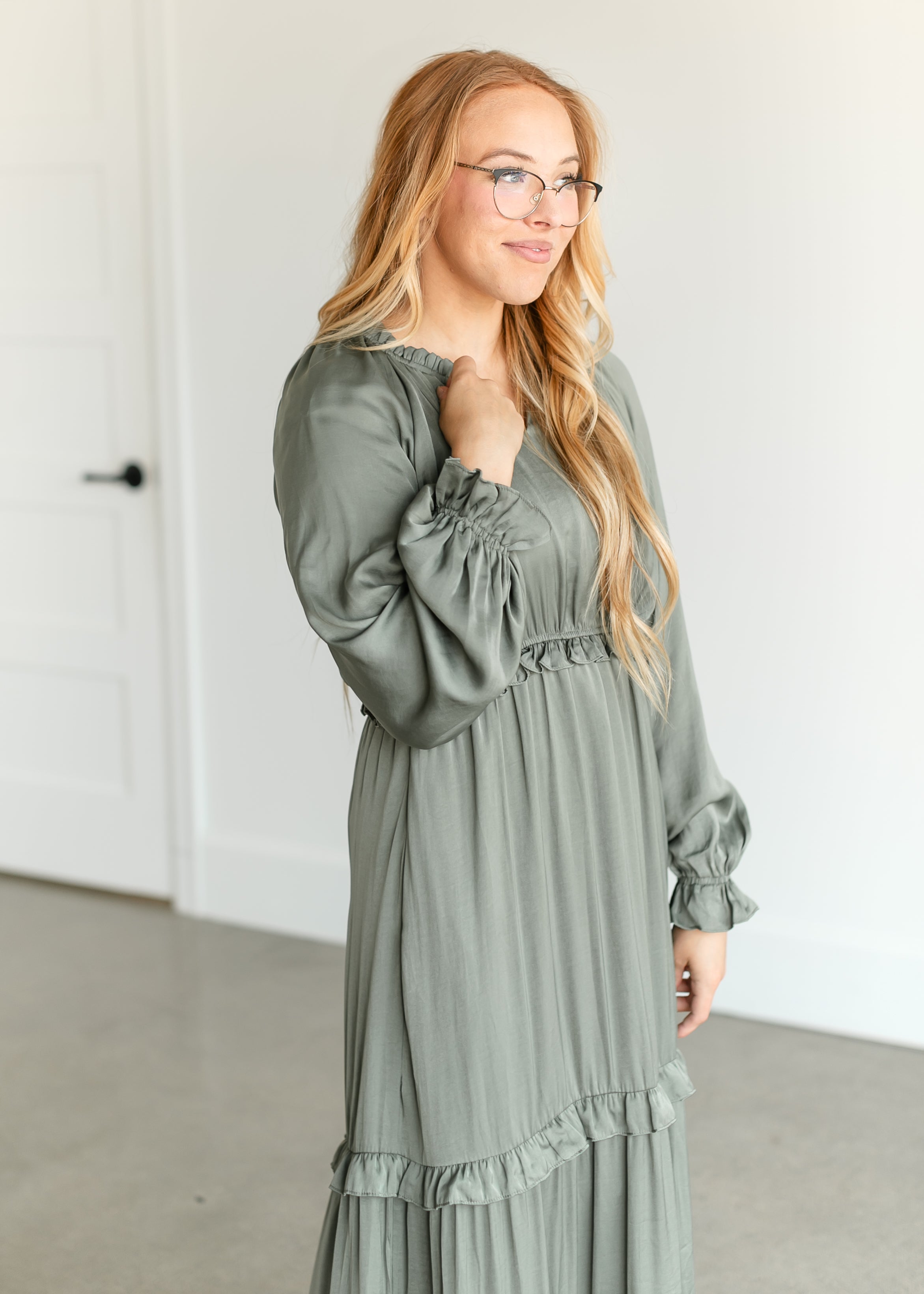 Long Sleeve V-neck Satin Maxi Dress