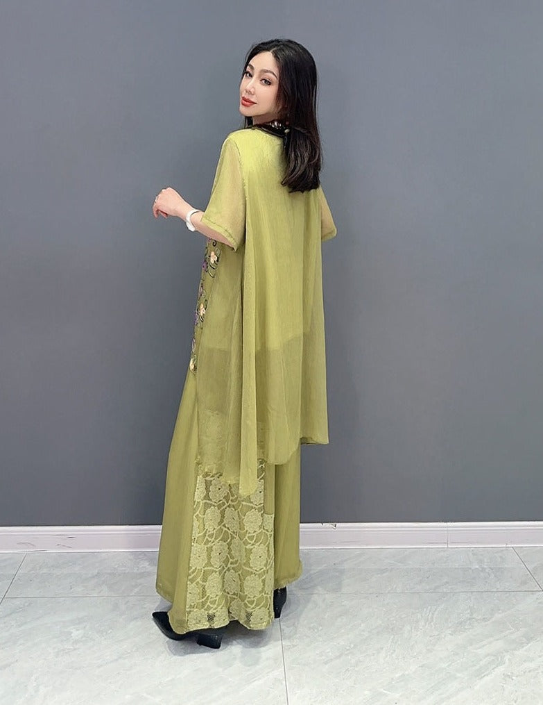 Green or Pink Floral Chiffon Loose Top & Wide Leg Pants 2-Piece Set