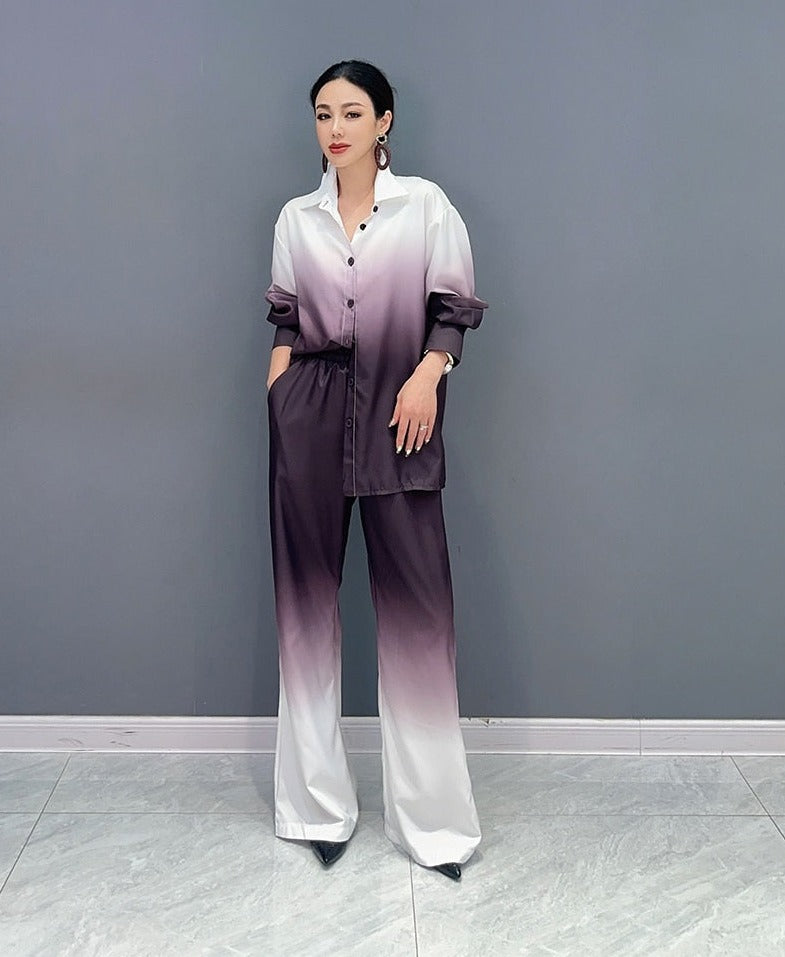 Trendy Fashion Duo Gradient Loose Long Sleeve Top & Pants Set