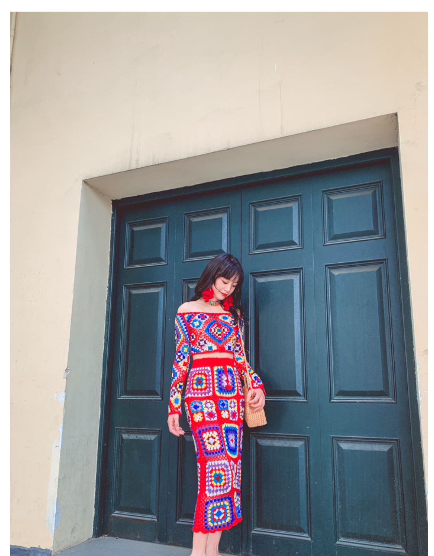 Handmade See Through Knit Crop Top & Midi Skirt 2-Piece Set