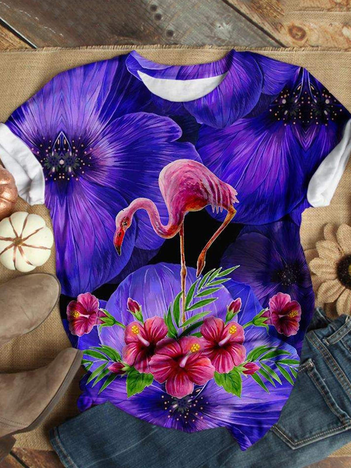 Flamingo Flower Crew Neck T-shirt