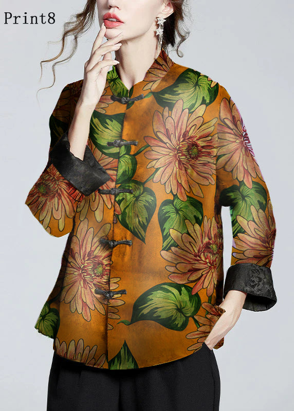 Chinese Style Golden Brown Stand Collar Button Print Silk Coats Long Sleeve
