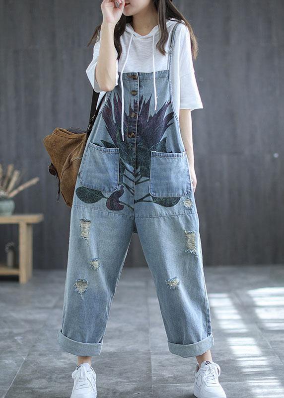 Art Navy Print Retro Hole Pockets Overall Jumpsuit Summer