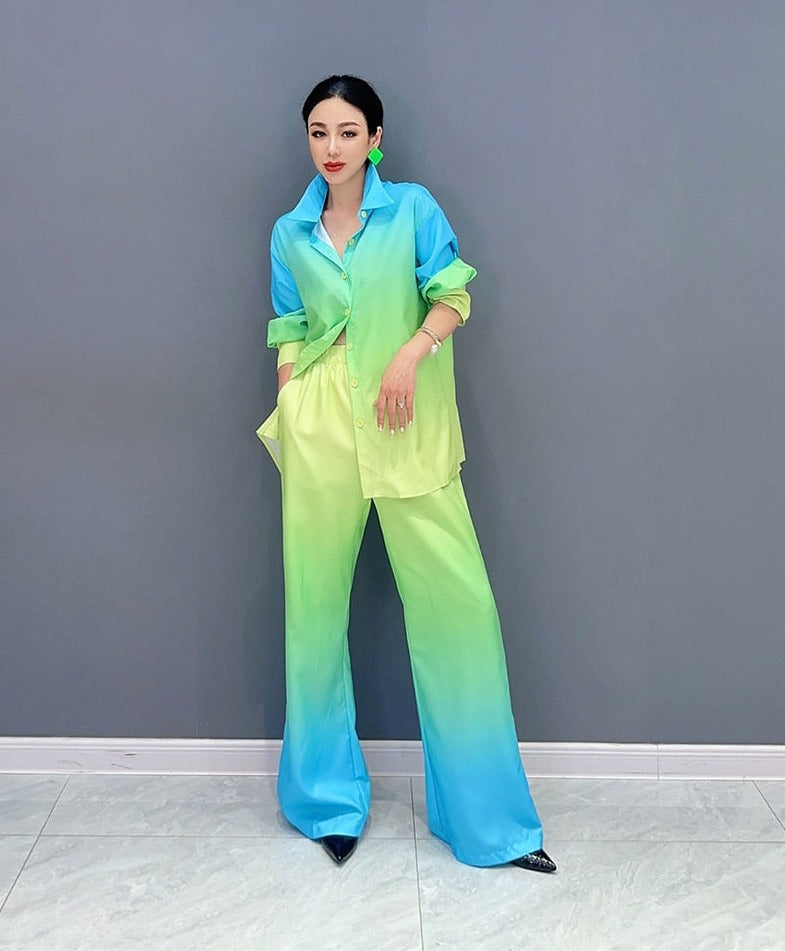 Trendy Fashion Duo Gradient Loose Long Sleeve Top & Pants Set