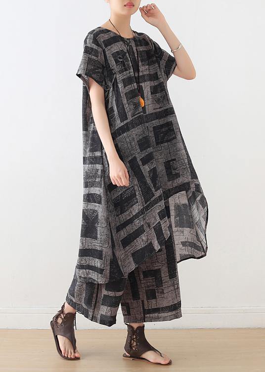 gray prints casual Chiffon two pieces side open tops and elastic waist wide leg pants