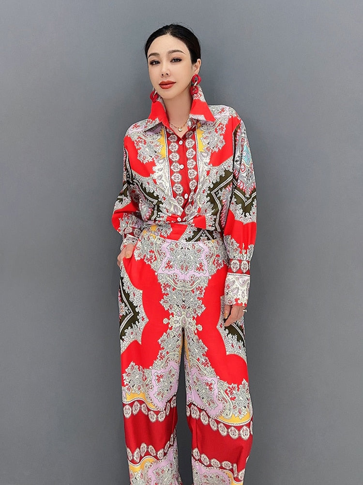 Classy Chic Red Indie Folk Long Sleeve Top & Loose Fit Pants 2-Piece Set