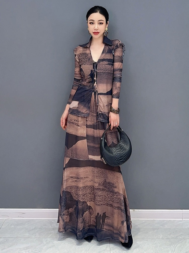 Stylish Chic Lightweight V-Neck Top & Long Skirt Set