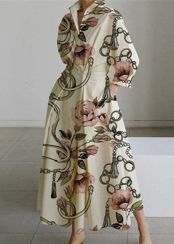 2022 Beige-yellow flower Peter Pan Collar Pockets Cotton Dress Long Sleeve