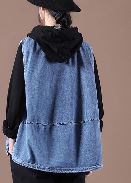 2021 Drawstring Zipper Wash Blue Stand Collar Vest