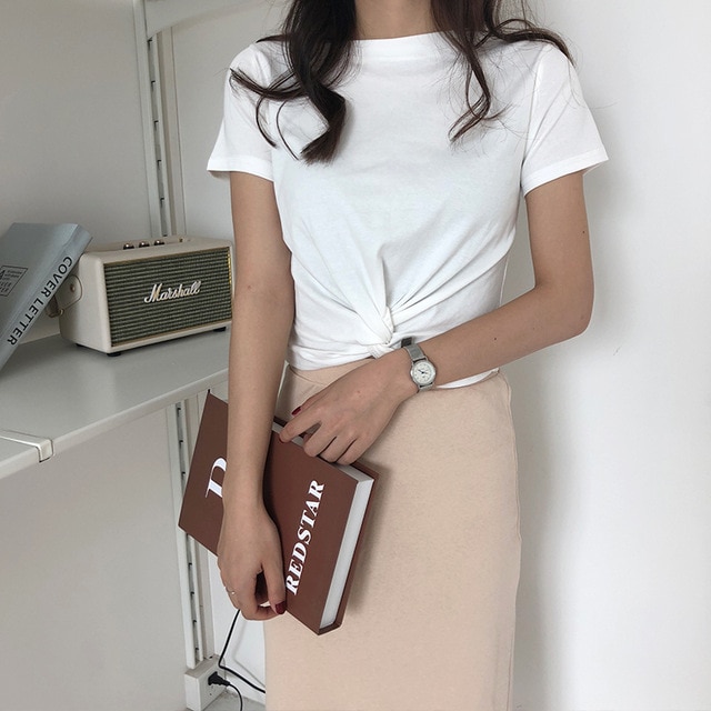 Short Sleeve Cotton Front Knot T-shirts Women Solid Casual Cropped Tshirt Girls Chic Crop Tops For Female Summer