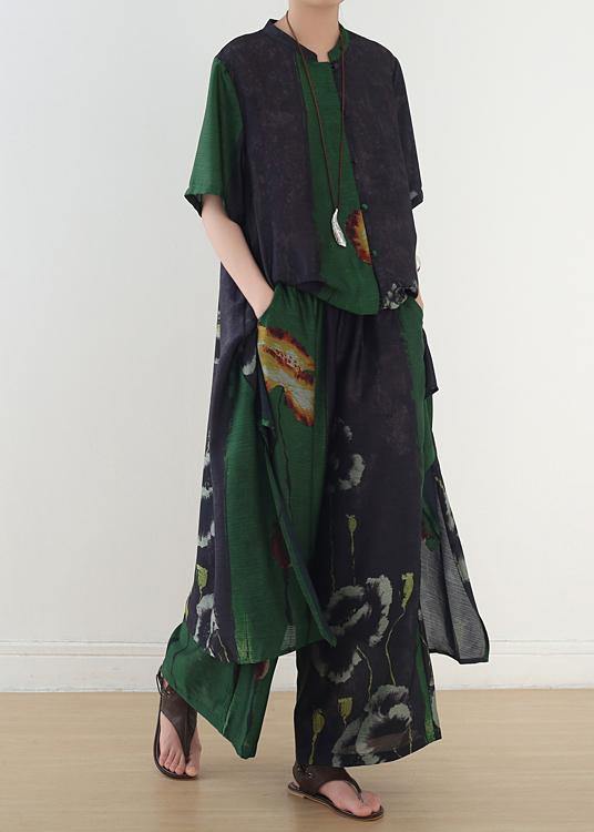 women green prints short sleeve shirt dress with elastic waist wide leg pants two pieces