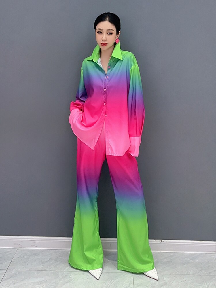 Casual Chic Gradient Long Sleeve Blouse & Loose Pants 2-Piece Set