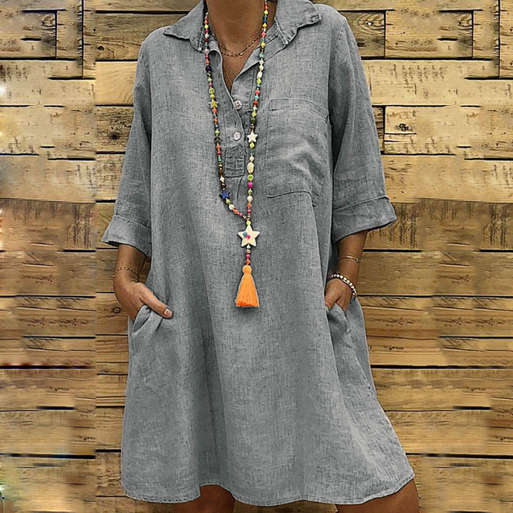 Women's Loose Three Quarter Sleeve Shirt Collar Dress