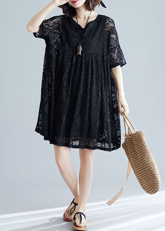 2022 Black V Neck Wrinkled Exra Large Hem Lace A Line Dress Short Sleeve