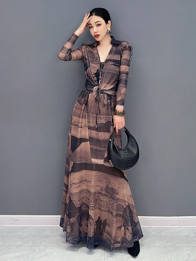 Stylish Chic Lightweight V-Neck Top & Long Skirt Set