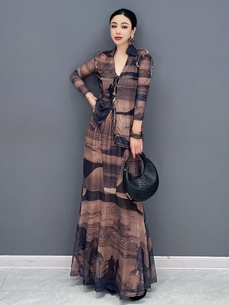 Stylish Chic Lightweight V-Neck Top & Long Skirt Set