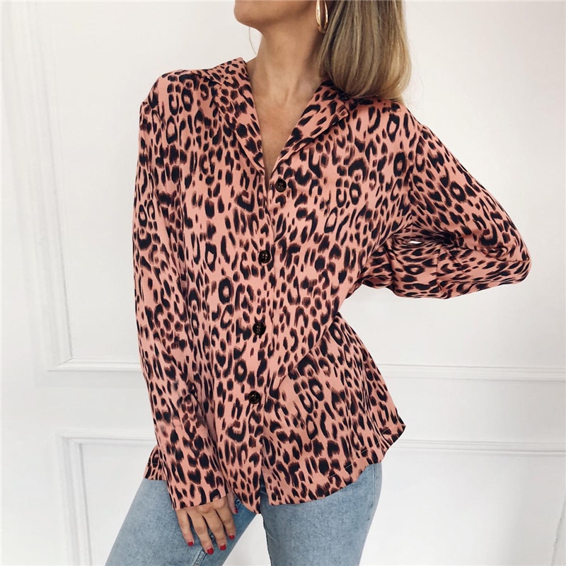 Women Blouses Summer Chiffon Leopard Blouse Long Sleeve Turn Down Collar Lady Office Shirt Loose Tops