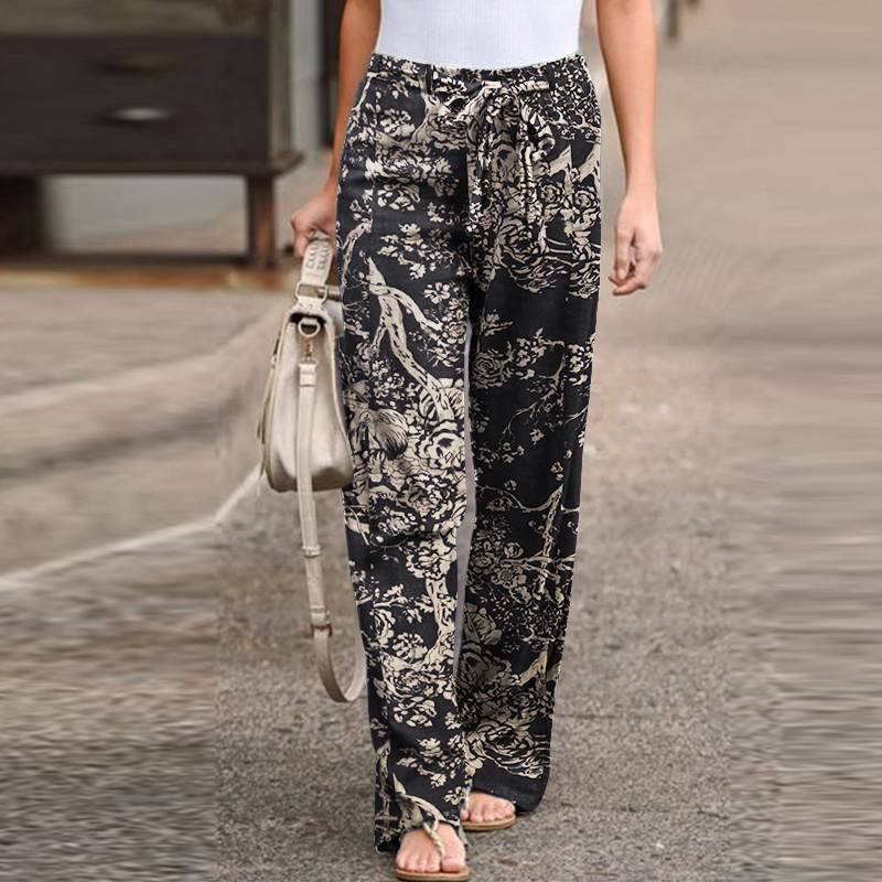 Women's Simple Elastic Waist Printed Cotton Linen Trousers