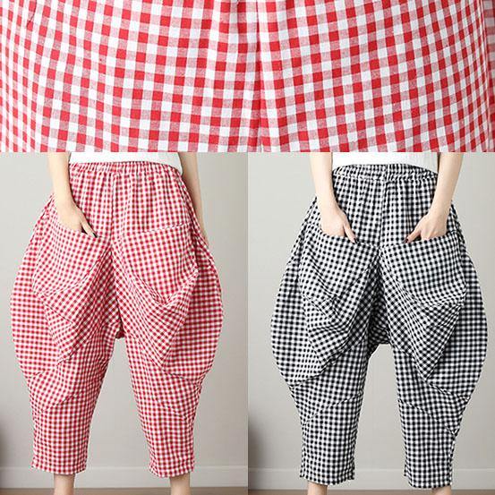 women black plaid casual cotton pants plus size big pockets crop pants