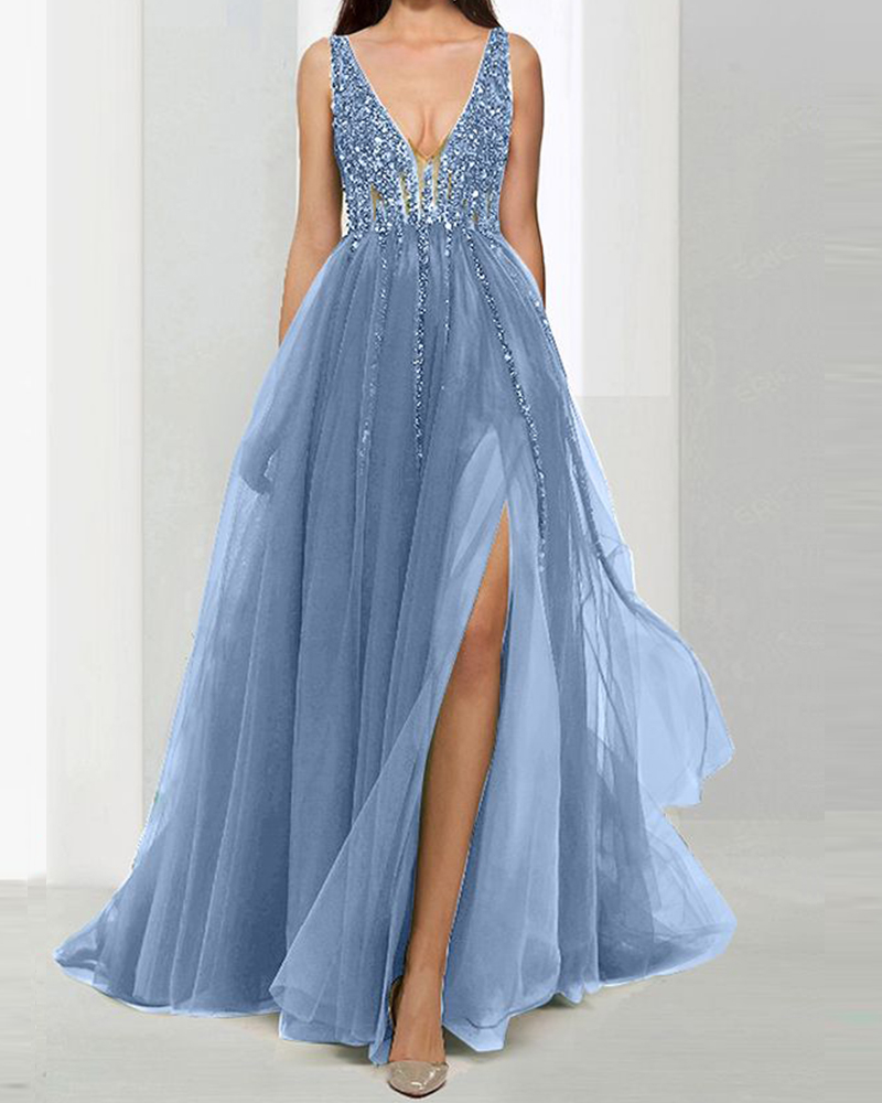 slit sequined Gown chiffon silk maxi dress