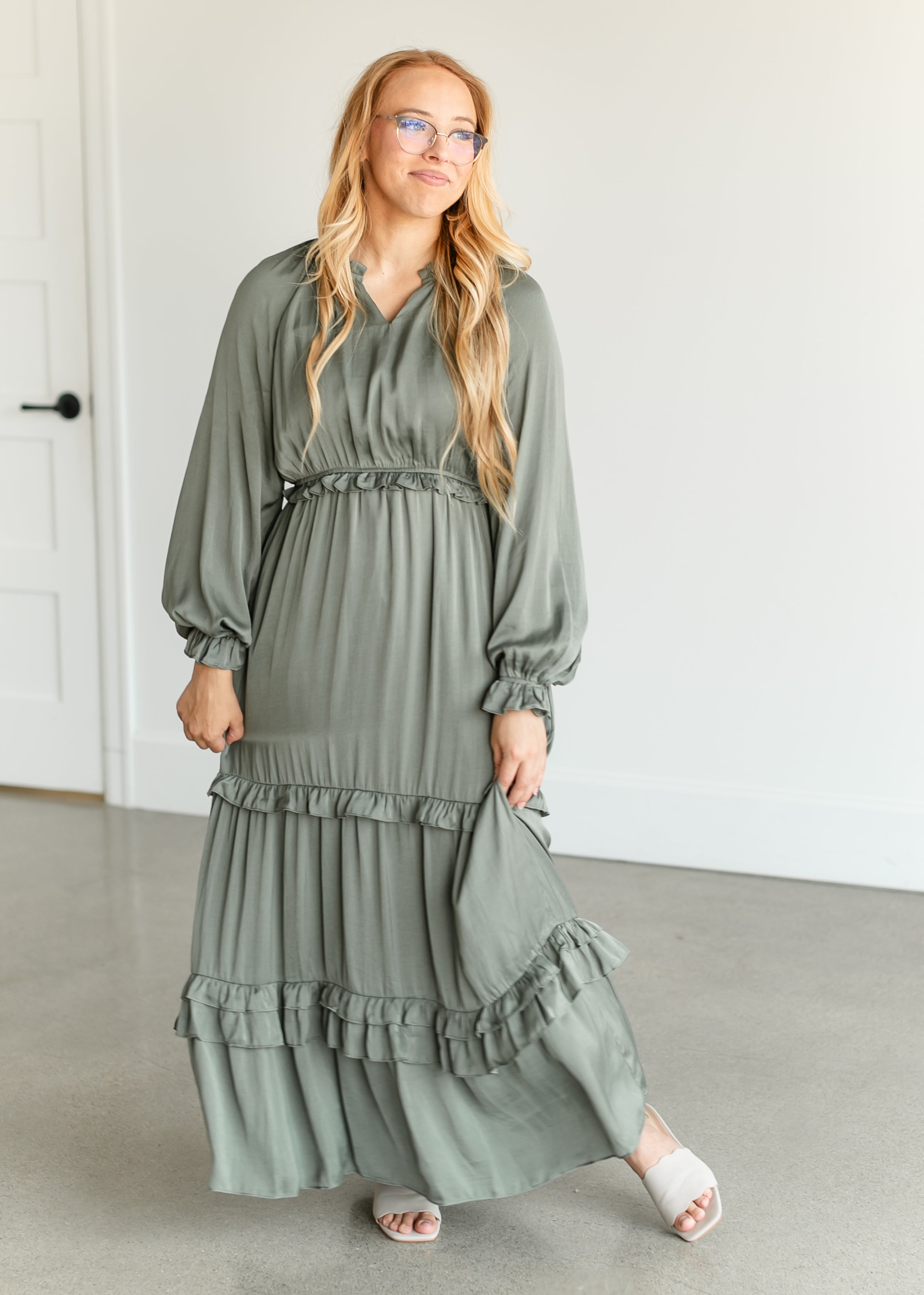 Long Sleeve V-neck Satin Maxi Dress