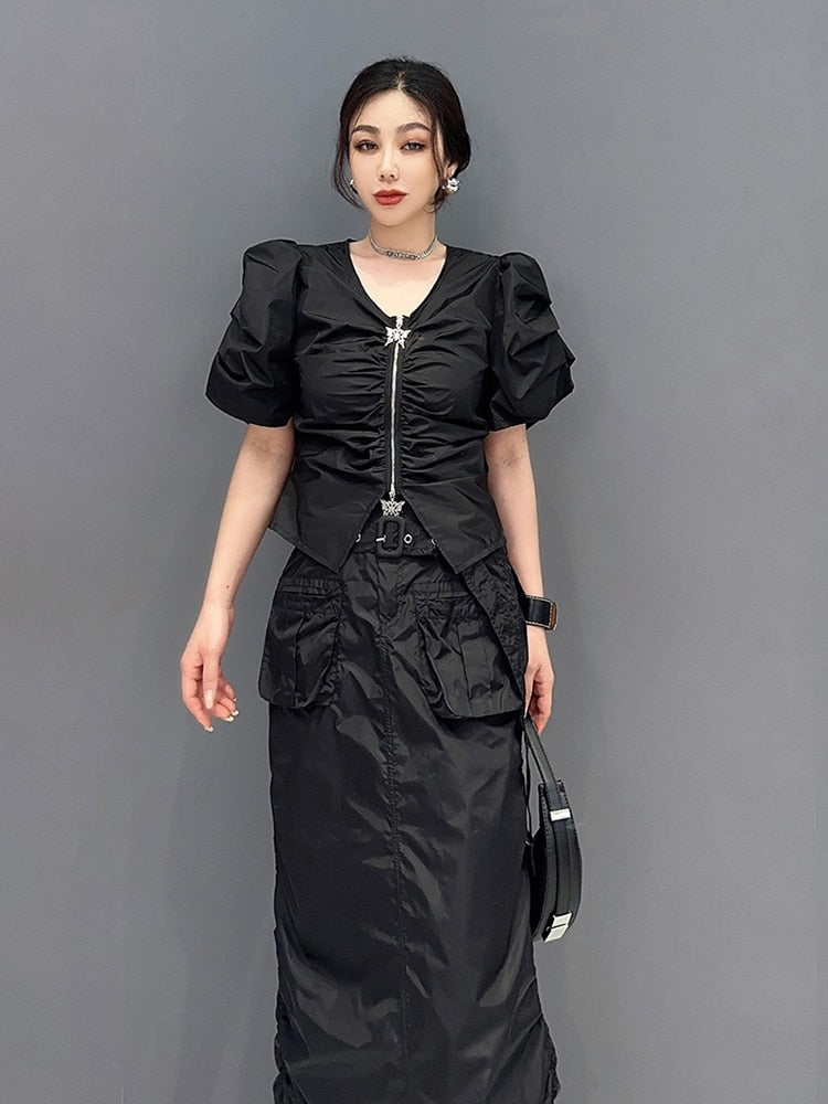 Casual Chic Drawstring V-Neck & Skirt 2-Piece Set