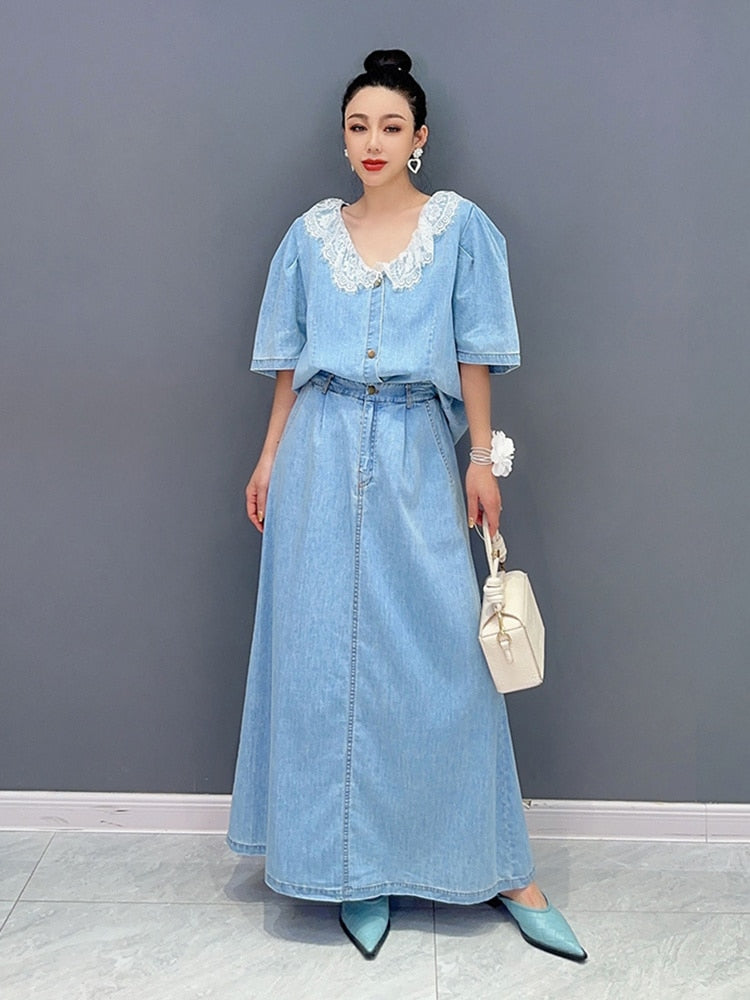 Handmade Everyday Casual Denim Top & Skirt 2-Piece Set