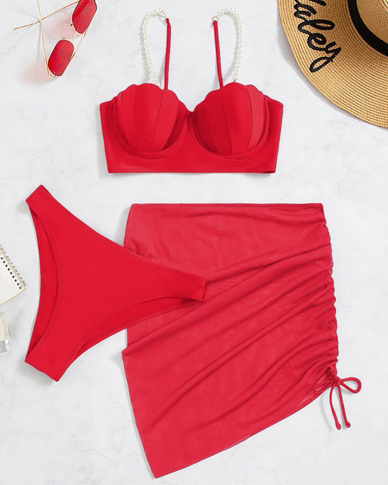 3 Piece Bikini Bathing Suit Mermaid Halter Pearl String Triangle Swimsuit