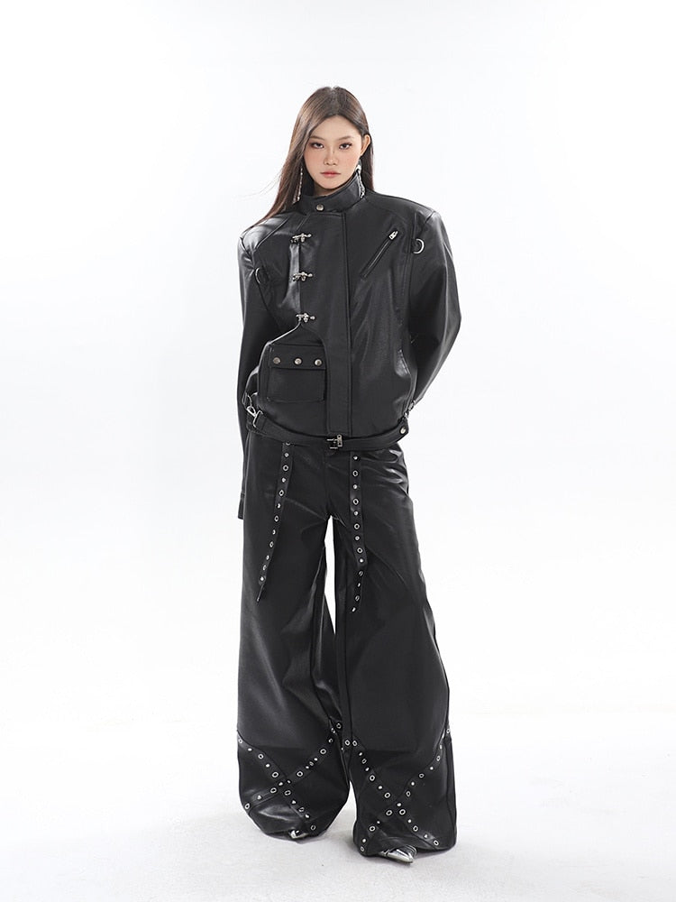 High-Fashion Metal-Accented Wide Leg Leather Pants