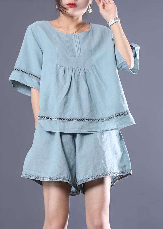 DIY linen linen tops women blouses boutique Casual Cotton Linen Short Sleeve Blouse And Shorts