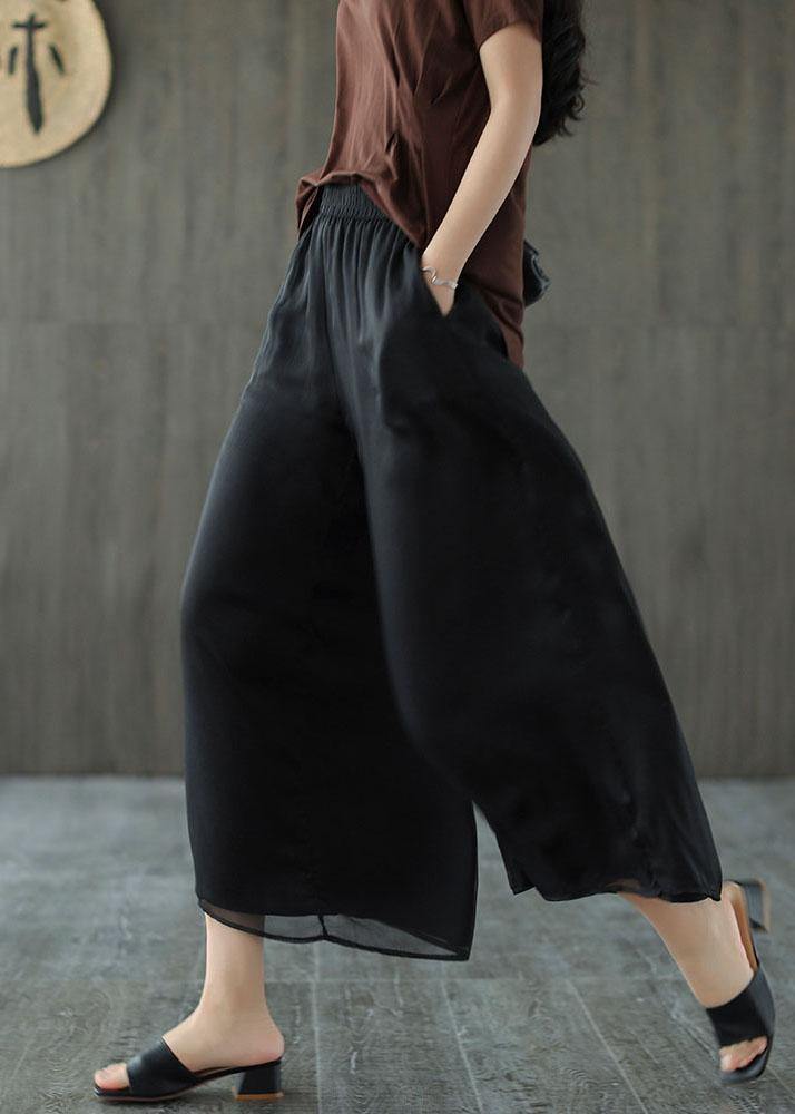 Handmade Black Elastic Waist Retro Wide Leg Crop Pants