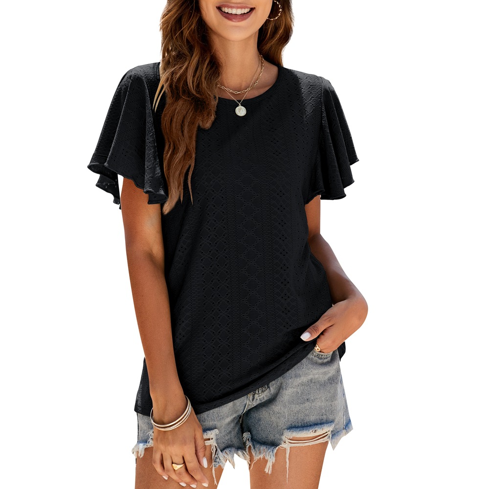 Ladies T-Shirt Cutout Tunic Ruffle Sleeve Casual Top