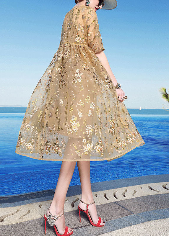 Unique Yellow Embroideried Patchwork Tulle Maxi Dress Summer