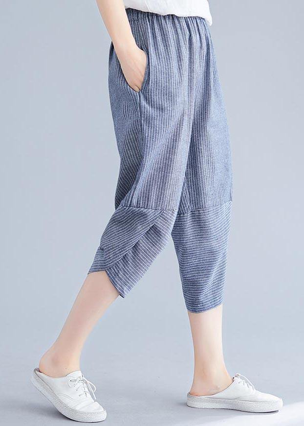 Boutique Navy Striped Patchwork Summer Cotton Linen Pants