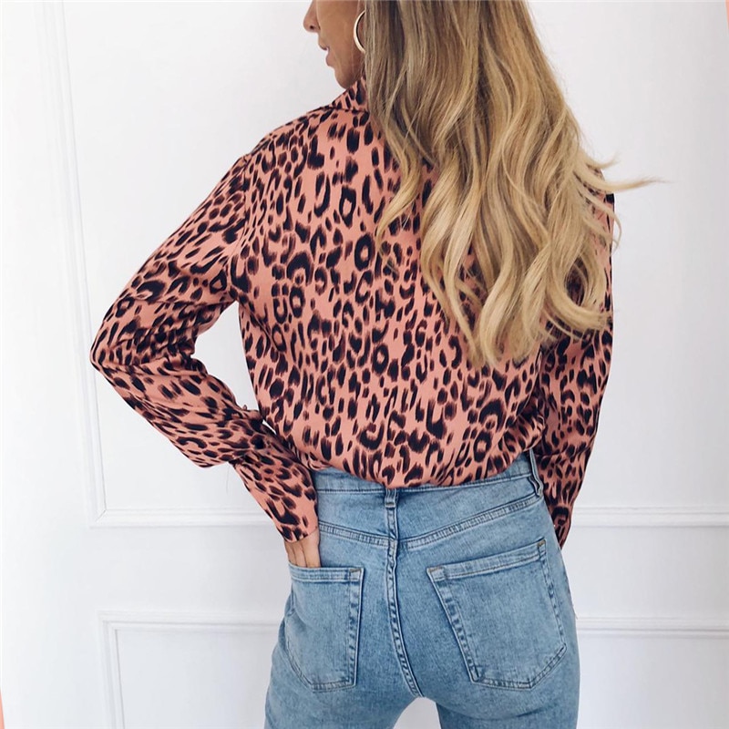 Women Blouses Summer Chiffon Leopard Blouse Long Sleeve Turn Down Collar Lady Office Shirt Loose Tops