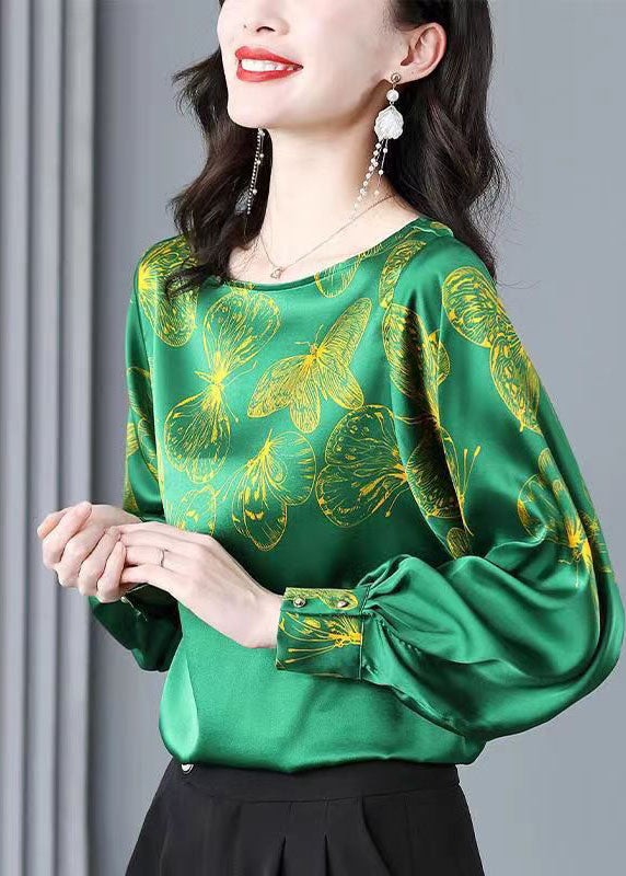 Plus Size Green O-Neck Butterfly Print Silk Blouse Tops Long Sleeve
