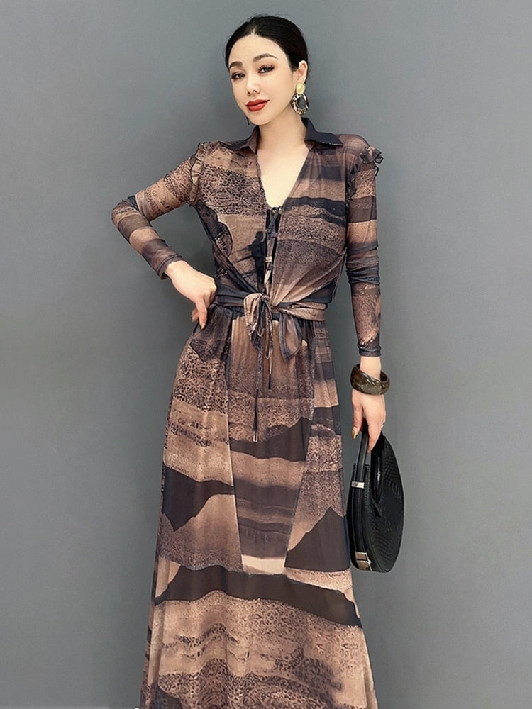 Stylish Chic Lightweight V-Neck Top & Long Skirt Set