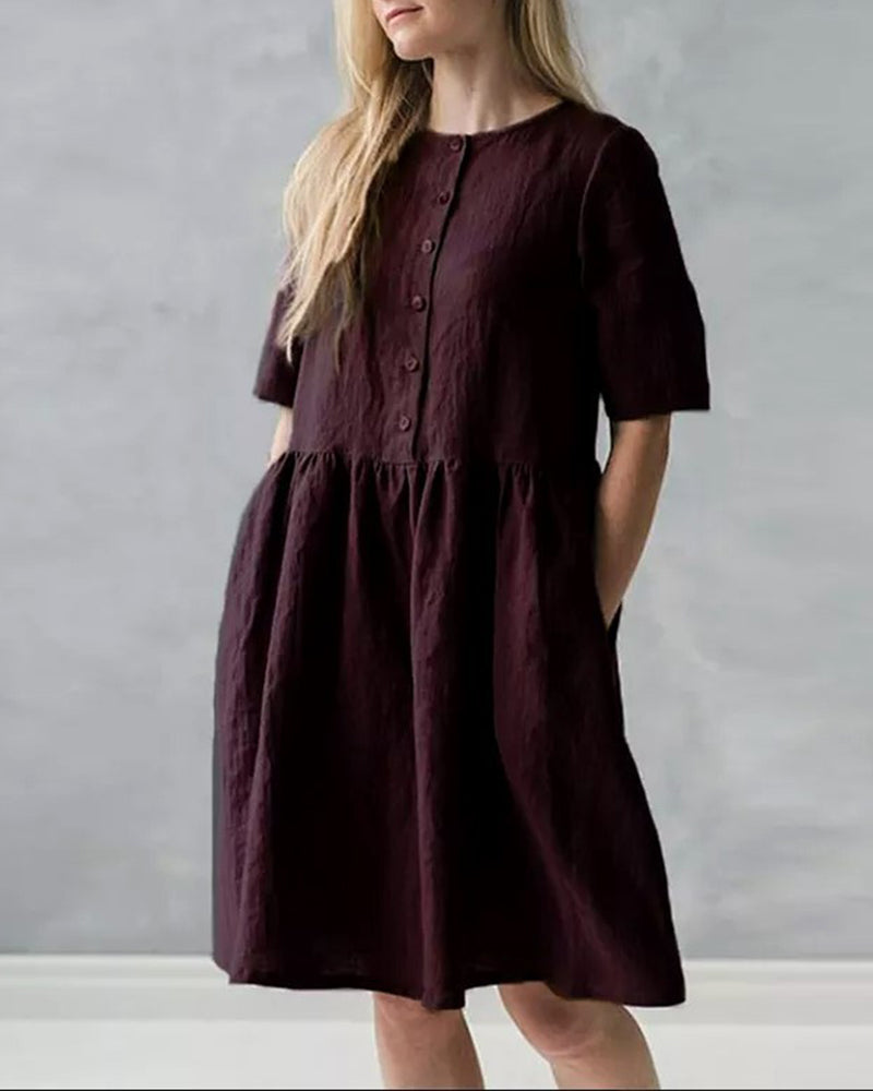 Casual Round Neck Button Long Sleeve Knee-High Dress with Pocket