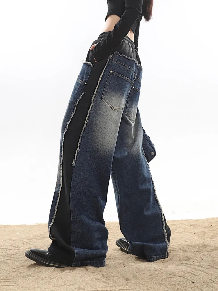 Classic Retro Elastic Waist Wide Leg Denim Pants