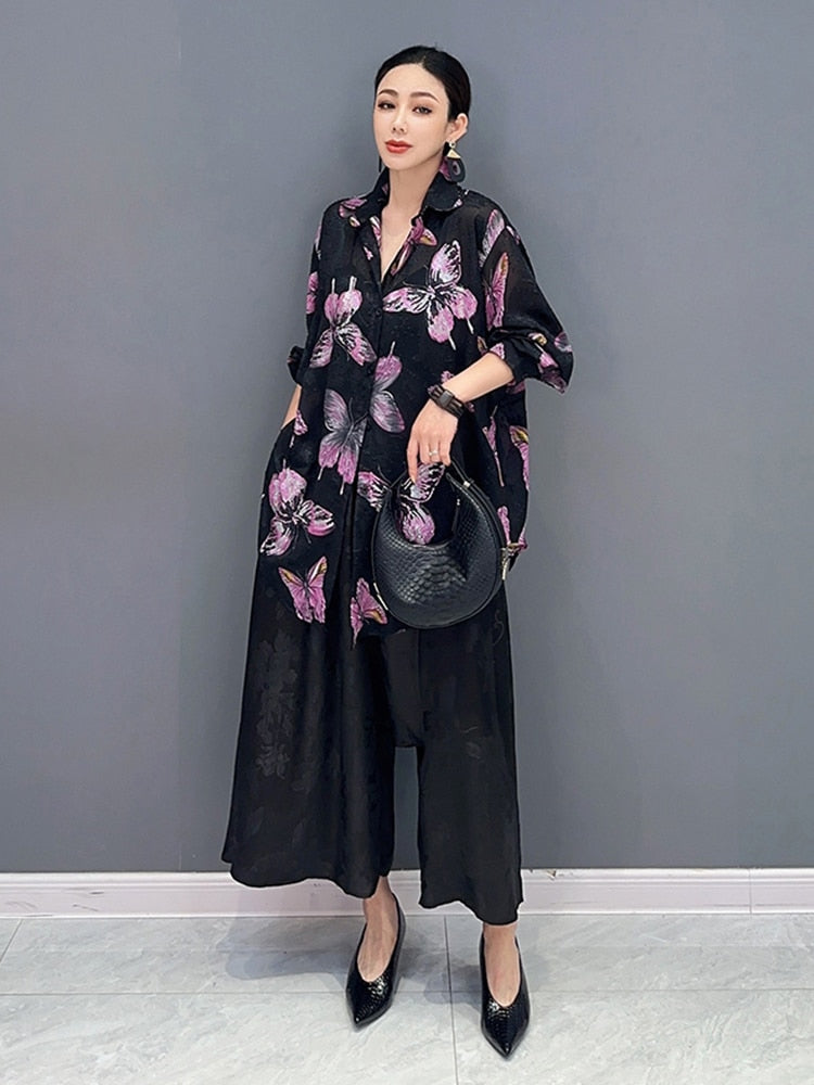 Butterfly & Floral Long Sleeve Blouse Top & Wide Leg Trousers 2-Piece Set
